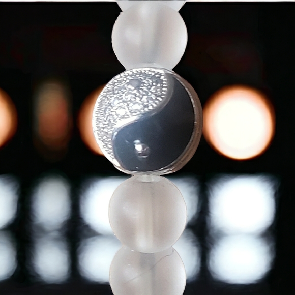 Opalite, Onyx & Aquamarine Handcrafted Beaded  Yin Yang Bracelet - Picture 4 of 11